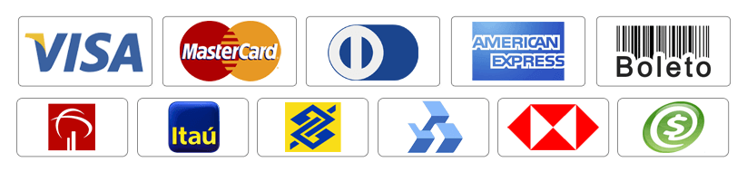 Bandeiras de Pagamento: Visa, Mastercard, Diners, Boleto, Bancos